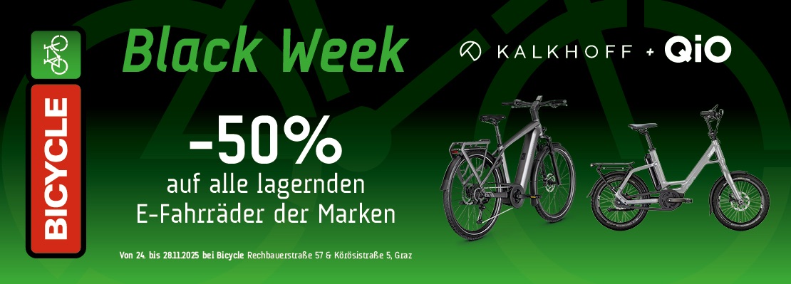Werbebanner zur Black Week mit Text und zwei Fahrrädern von Kalkhoff und QIO. Details sind im Text unten.